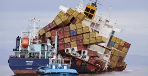 Marine cargo containers being loaded onto a ship for international shipping